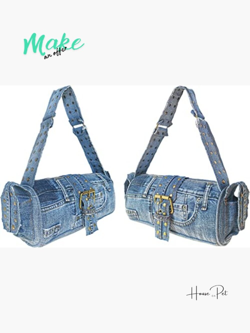 Upcycled Denim Barrel Shoulder Bag with Brass Rivet & Buckle Details - Picture 3 of 7